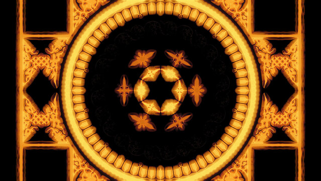 Golden hexagram mandala with six-pointed star geometry inside ornate circular rings, suited to sacred geometry, meditation, spiritual symbolism, esoteric design and luminous ceremonial art
