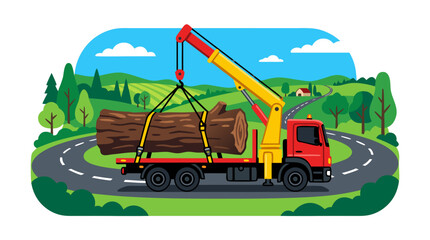 Naklejka premium Flatbed Truck with Hydraulic Crane Securing Large Tree Trunk on Winding Rural Road, Bold Flat Color Vector Illustration of Forestry Logging Transport in Countryside Landscape