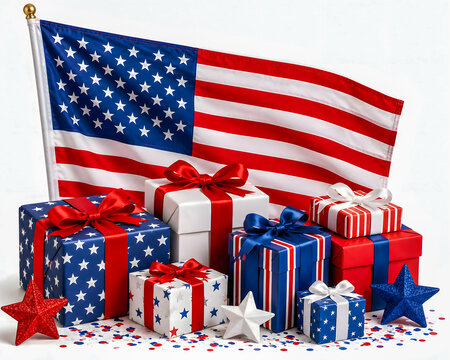 American flag with wrapped gift boxes and stars for Independence Day  