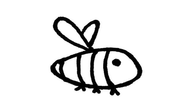 Hand-drawn cute bee with striped body, black line art doodle for Photoshop & Illustrator