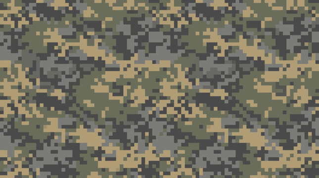 Seamless Gray Military Camouflage Pixel Pattern Muted Green and Tan Geometric Blocks Flat Digital Design for Backgrounds - professional high resolution commercial stock detailed commercial stock