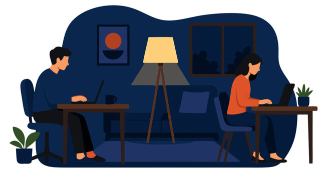 Flat vector illustration of a man and woman working on laptops at separate desks in a cozy dimly lit living room illuminated by a single floor lamp at night remote work from home