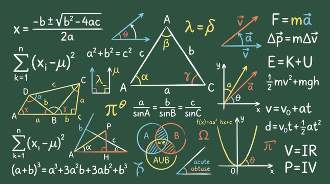 Mathematical Formulas Geometric Diagrams on Dark Green Chalkboard Hand-Drawn Educational Illustration Triangles Circles Algebraic Equations Physics Set Theory - detailed commercial stock imagery