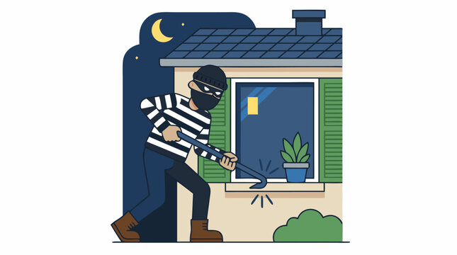 Flat vector illustration of masked burglar in striped shirt using crowbar to break into suburban house window at night, moon and stars background, home invasion robbery crime cartoon character design