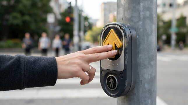 Person pressing a tactile pedestrian crossing button to activate the traffic signal light.