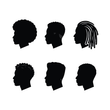 Profile Silhouettes Set of Black Men with Various Hairstyles