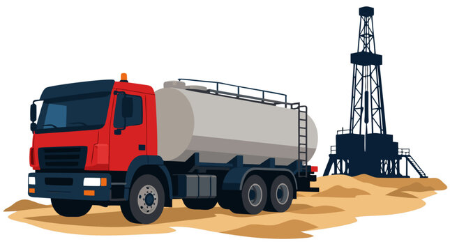 Industrial oil tanker truck parked in sandy desert landscape with tall oil drilling rig derrick silhouette, flat vector illustration for energy petroleum industry transportation concept