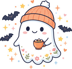 Fototapeta premium Cute ghost character holding a warm drink for cozy autumn vibes design