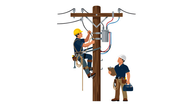 Two Professional Electricians in Safety Hard Hats Inspecting and Repairing Wooden Utility Power Pole with Transformer, Electrical Wires and Climbing Harness Equipment Flat Vector Illustration