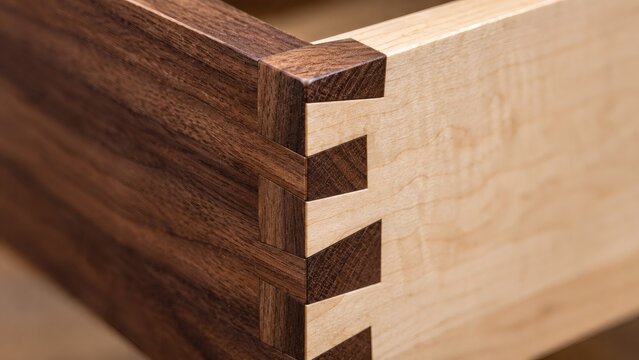 Macro Close-Up of Hand-Cut Through Dovetail Joinery in Black Walnut and Hard Maple