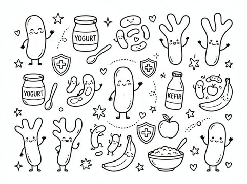 Cute Probiotics and Healthy Gut Bacteria Doodle Icon Set, Hand Drawn Microorganism Lactobacillus Line Art Illustration Isolated on White Background for Medical, Wellness, and Yogurt Packaging Design