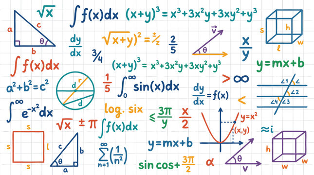 Handwritten Math Equations and Formulas Colorful Vector Illustration - Floating Algebra Calculus Geometry Fractions Integral Signs Geometric Diagrams on Light Faint Grid Paper Educational Design