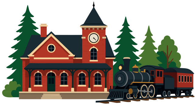 Charming red brick train station building with ornate clock tower nestled among tall green pine trees alongside classic black steam locomotive with red passenger car bold flat colors vector