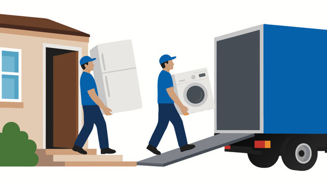 Flat vector illustration of two professional movers in blue uniforms carrying a plain refrigerator and washing machine from a suburban house onto a moving truck for relocation services