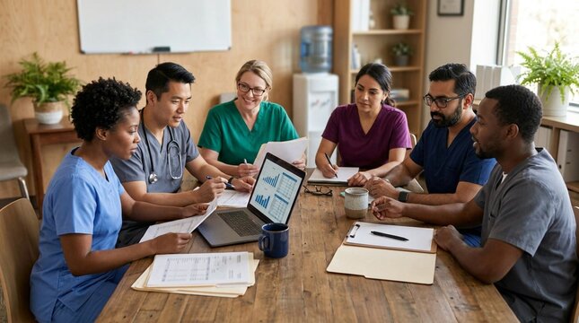 Diverse healthcare team in scrubs gathered around wooden table reviewing paperwork, charts, and laptop screen in bright clinic office