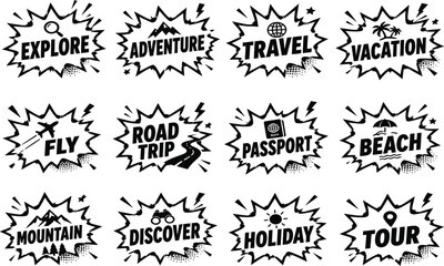 Fototapeta premium Vector Set of Comic Book Style Travel and Adventure Icons, Retro Pop Art Speech Bubbles for Vacation, Explore, Road Trip, Holiday, Tour, and Discover Themes, Black and White Graphic