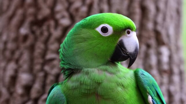 Static slow motion close up of green parrot turning head while perched on tree trunk outdoors in daylight