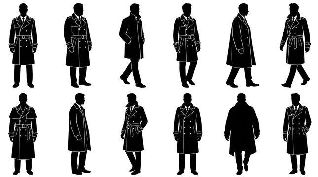 Set of Black Silhouettes of Classic Men's Trench Coats and Overcoats Isolated on White Background