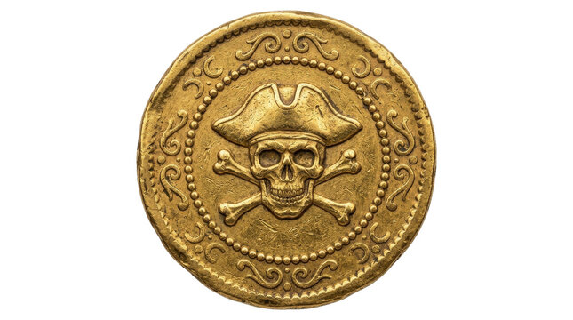 Antique gold coin featuring a pirate skull and crossbones emblem