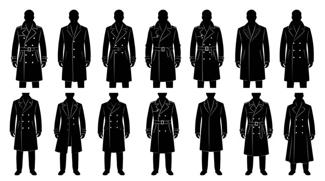 Collection of Men's Classic Trench Coat and Overcoat Silhouettes on White Background