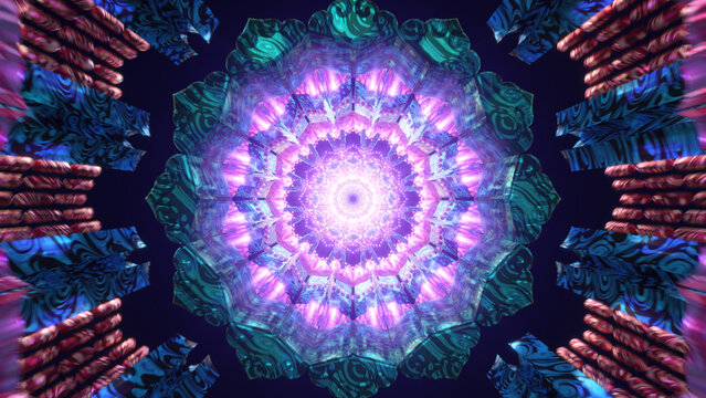 Blue violet mandala with bright lavender center and futuristic symmetry, ideal for sacred geometry, meditation, spiritual focus, cosmic balance and psychedelic abstract design for modern media
