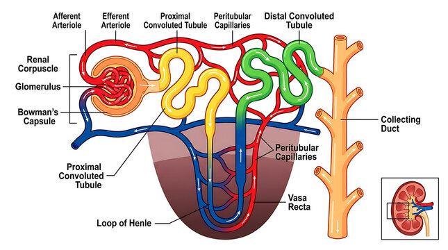 Anatomical of a kidney nephron with labeled parts and vessels