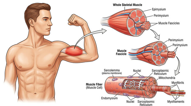 Anatomical of a man flexing arm and detailed muscle structure