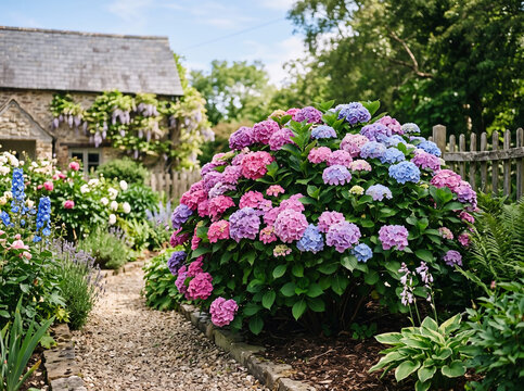 Blooming hydrangea bush in a lush English cottage garden with a stone house background