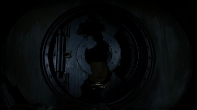 Dolly in tracking shot of damaged metal vault door with gaping hole and crumbled debris inside underground industrial tunnel