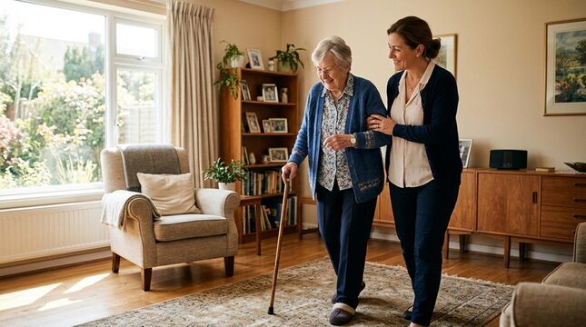 Caring female caregiver gently assists a smiling elderly woman with a cane walking through a bright sunlit living room with comfortable furniture and warm natural light