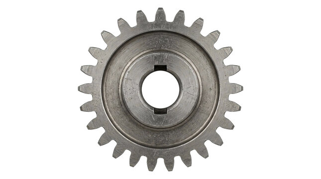 Close-up of a single metal gear with a keyed hub on a white background