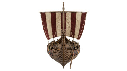 Detailed model of a Viking longship with dragon head prow and striped sails © Varvara