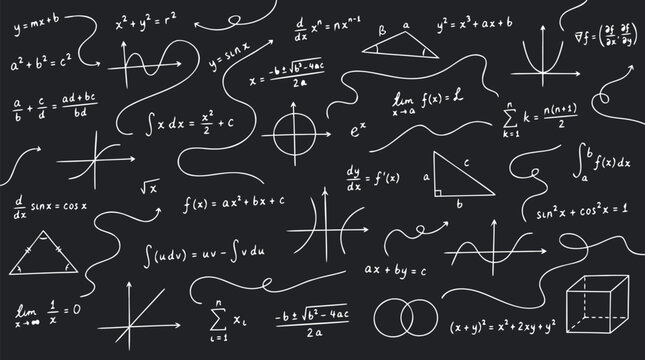 Handwritten mathematics formulas equations geometric shapes curved connecting lines white chalk dark blackboard seamless pattern background education science design illustration vector