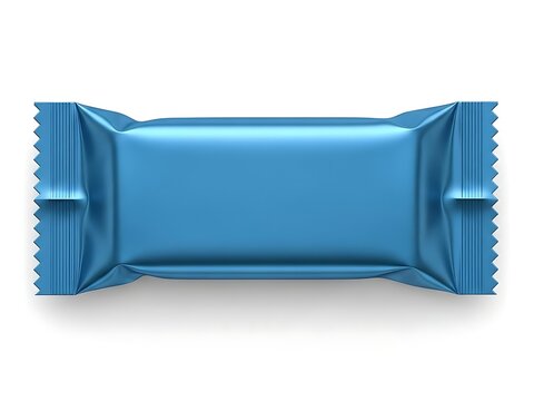 Blue foil-wrapped rectangular snack packet with textured edges wrapper