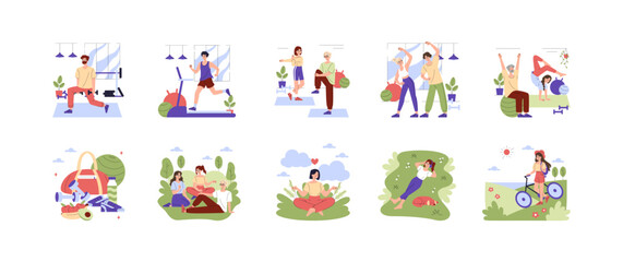 Fototapeta premium Fitness routine set with people exercising and relaxing