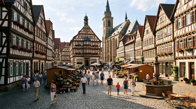 Historic German town square with half-timbered houses, Gothic church spire, cobblestone market stalls, and bustling summer afternoon crowds in traditional European old town setting