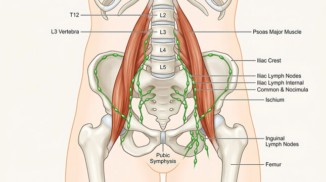 Anatomical of human pelvis, psoas muscles, and lymph nodes