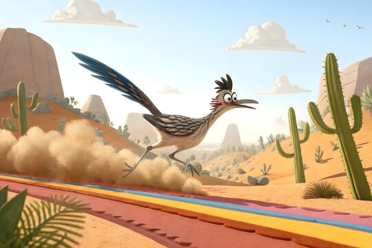 Cartoon roadrunner bird running in desert with cacti