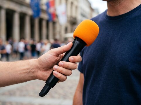 Journalist interviewing a man in the street with an orange microphone in a busy public square