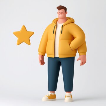 Stylized cartoon man in a yellow hooded jacket stands beside a yellow star icon on a neutral background.