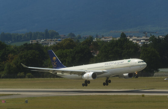 Geneva, Switzerland - August 31, 2026: Inscriptions and logo on an Airbus A330-343 of Saudia landing at Geneva airport