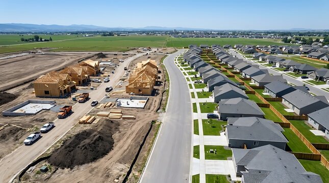 New residential construction development in progress with wooden house frames and ongoing infrastructure work against blue sky.