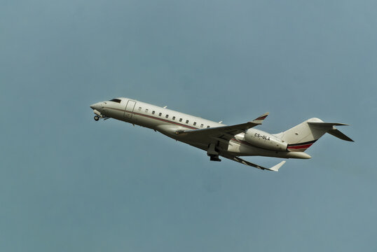 Geneva, Switzerland - August 27, 2026: Inscriptions and logo on a Bombardier Global 6000 of NetJets taking off from Geneva Airport