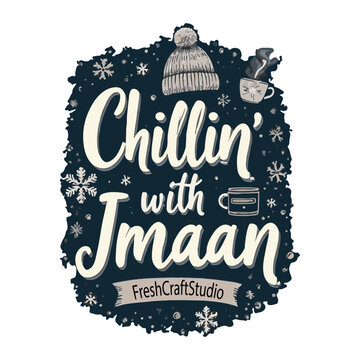 Chillin with Iman Winter Typography Design with a cosy beanie, snowflakes and seasonal elements