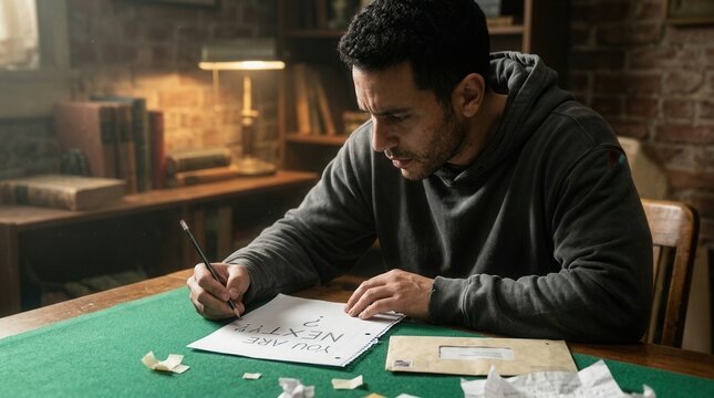 Man Writing A Cryptic Note In A Dimly Lit Study