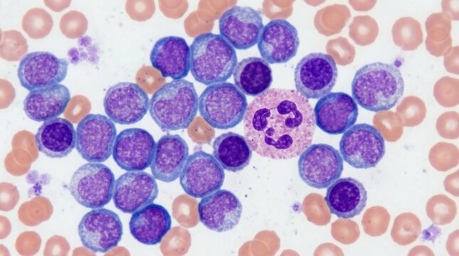 Microscopic View Of Blood Cells Showing Leukemia And Healthy Cells