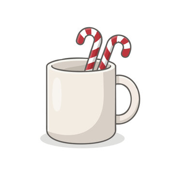 White mug with two red and white striped candy canes inside, flat illustration style, transparent background