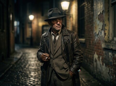 Noir Detective Smoking In A Gritty Urban Alley At Night