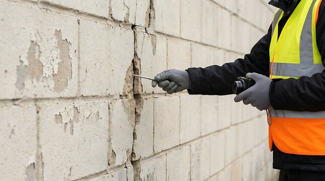 Close-up of construction worker's hands in grey gloves holding camera and tool inspecting cracked concrete block wall exterior damage.