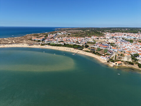 Vila nova de milfontes aerial view with river estuary